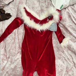Club L London Red Velvet Jumpsuit with White Fur Trim